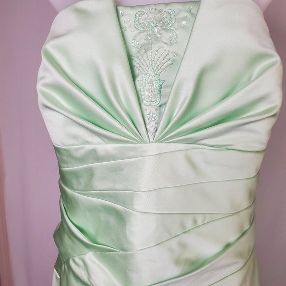 green satin strapless dress